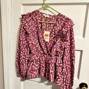 Entro Pink Ruffled Long Sleeve Wrap Blouse